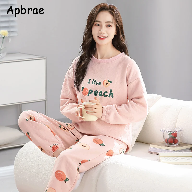 Women Thick Pajamas Long Sleeves O-neck Pijamas Fashion Ladies Loungewear Big Size L-4XL Warm Interlayer Cotton Sleepwear