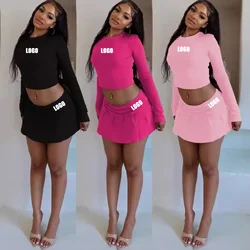 Custom LOGO Women's Fashion Open Navel Slim Long Sleeve Pleated Short Skirt Two-piece Set