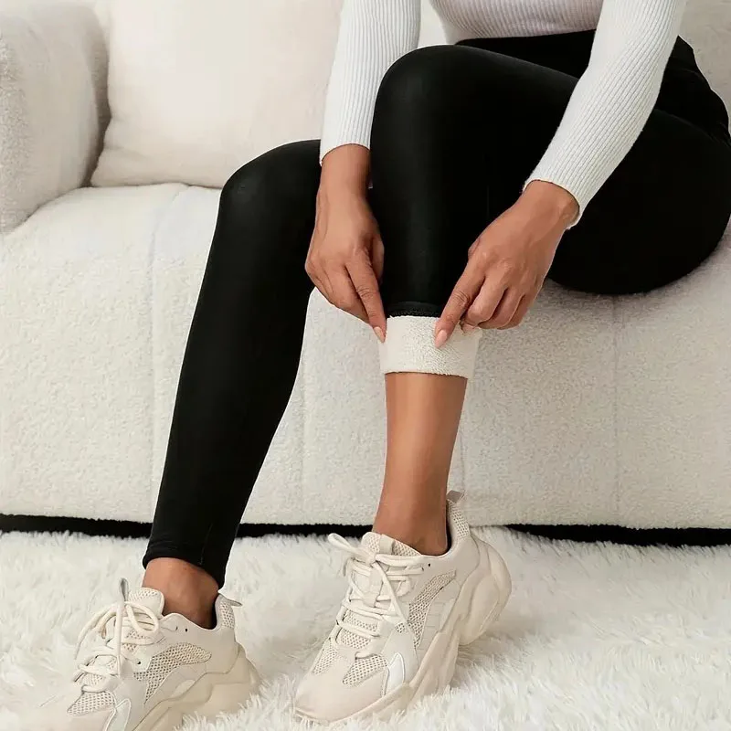 Leggings da donna in pile spesso invernale Collant termici a vita alta con controllo della pancia Leggings da donna in velluto elastico slim fit tinta unita