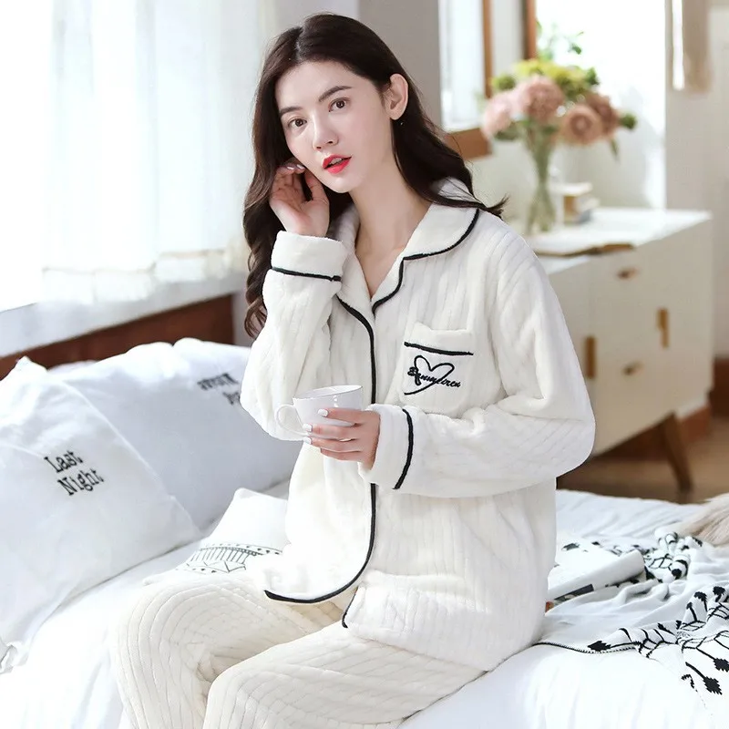 Roze Verdikte Koraal Fleece Nachtkleding Winter Flanellen Vrouwen Pyjama Set Nachtkleding Pyjama Pour Femme Losse Huiskleding Loungewear