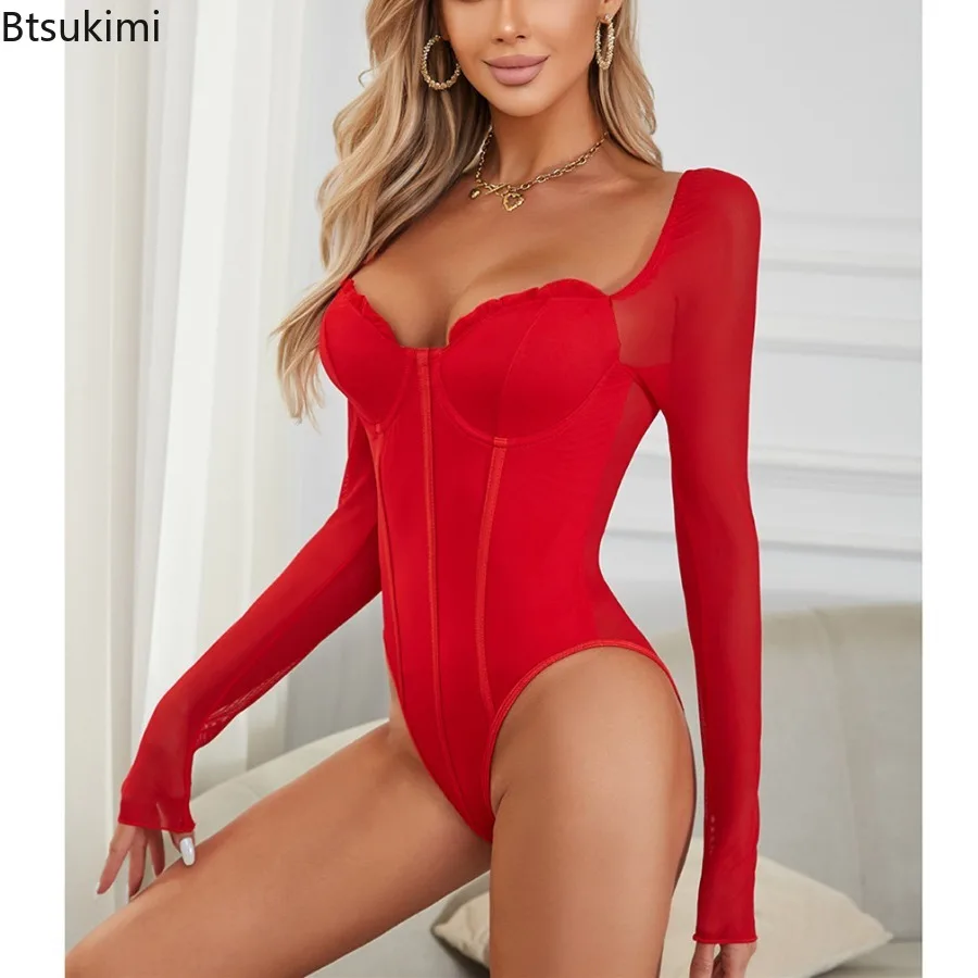 Summer New Sexy Women Long Sleeves Bodysuits Double-layer Mesh Slim Fit Strapless Jumpsuit Fashion Style Adult Female Costume