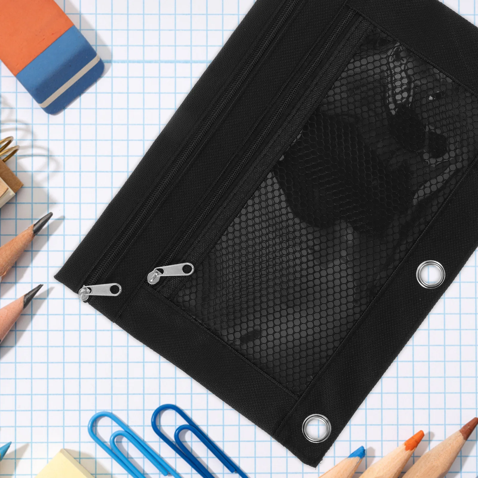 

3pcs Binder Pencil Pouch Oxford Cloth Black Mesh Zipper Pen Holder Detachable Storage Case Bag ganizer Stationery