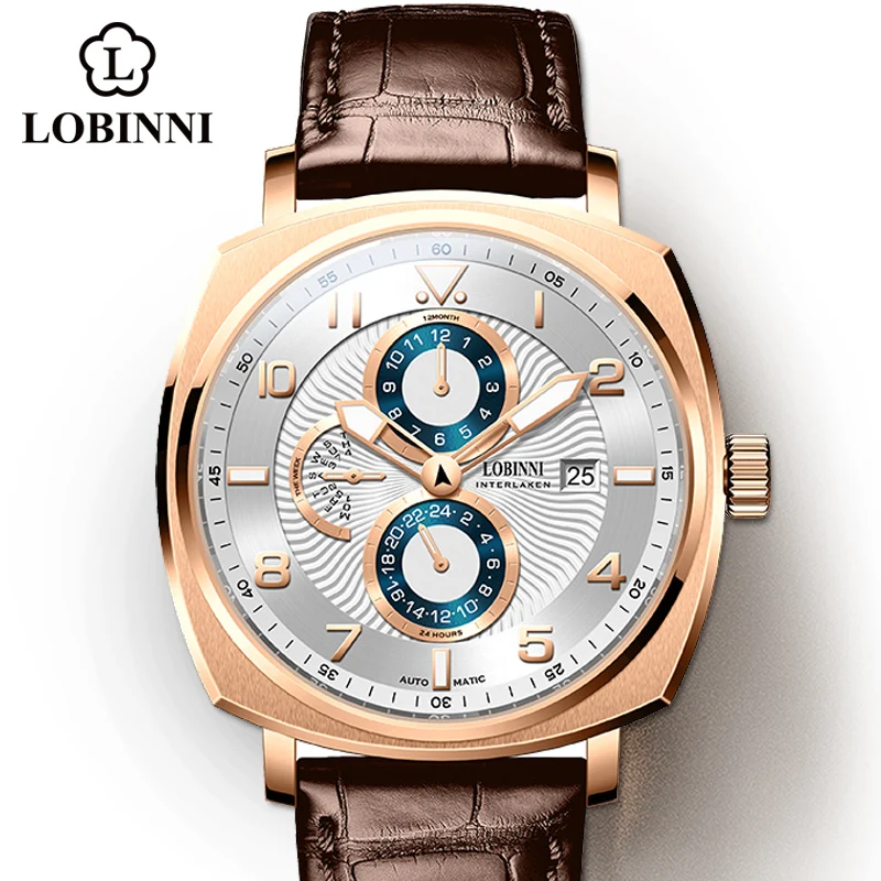 LOBINNI 16053 Men's Mechanical Watch JHB10 Automatic Movement with Date Day Month 24H Display Luminescent Waterproof Wristwatch