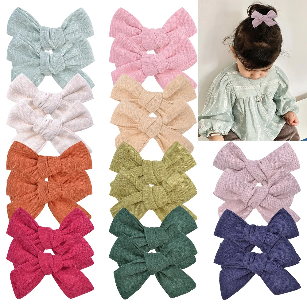 

10PCS Cotton Linen Solid Color Bows Hair Clips for Kids Girls Handmade Boutique Hairpin Bowknots Headwear Hair Accessories