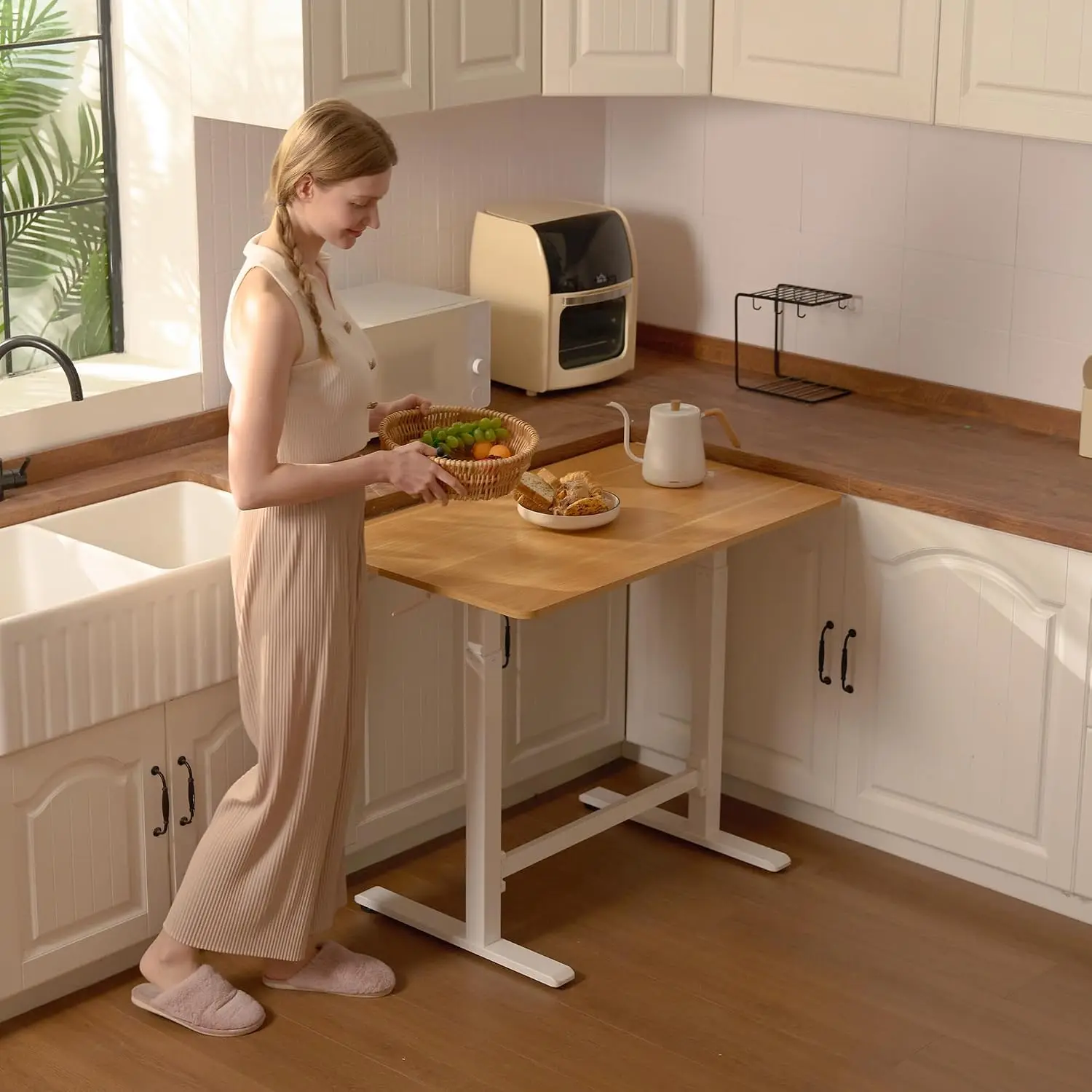 32'' Pneumatic Standing Desk Adjustable Height Home Office Workstation with Hooks & Cup Holder Hidden Casters, Customized