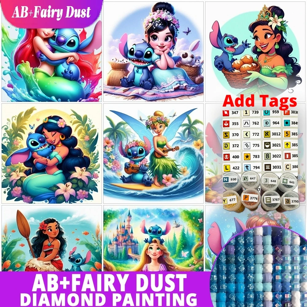 AB Hada polvo Disney Lilo Stitch dibujos animados DIY pintura de diamante Campanilla jazmín Ariel Tiana mosaico bordado de taladro redondo completo