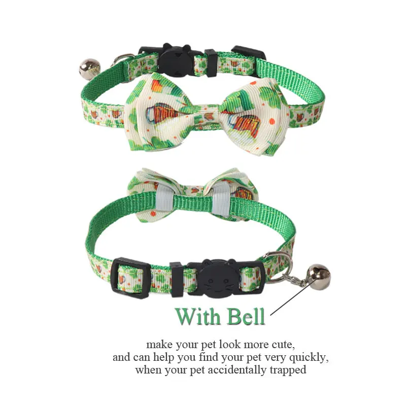 Green Cute Cat Collar Safety Breakaway Printed Gato Necklace Bowknot Pet Small Dog Collars Neck Strap Saint Patrick\'s Day New