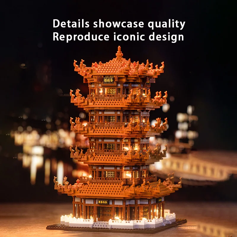 Jouet d'assemblage de tour de grue jaune pour garçon, architecture ancienne chinoise, puzzle de micro-particules, haute difficulté, fille chic chinoise