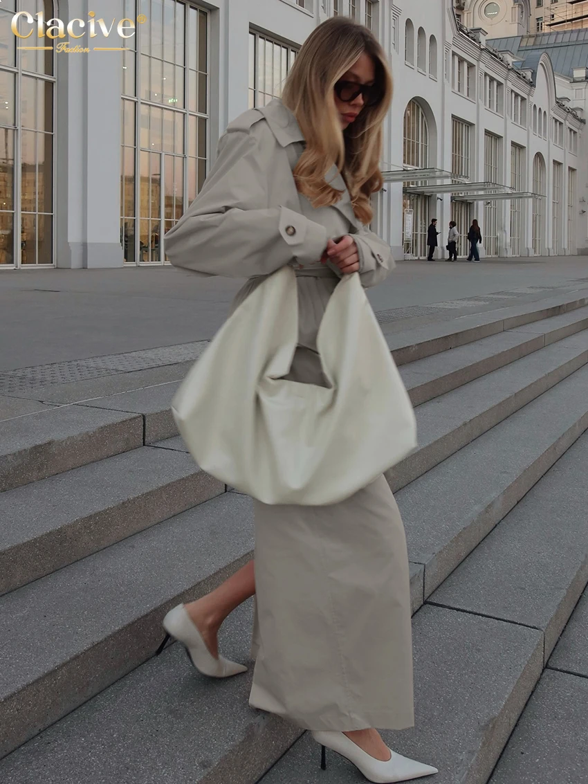 Clacive موضة فضفاضة الكاكي 2 قطعة مجموعة النساء 2025 قميص أنيق طويل الأكمام مع ارتفاع الخصر ماكسي تنورة مجموعة الملابس النسائية #6