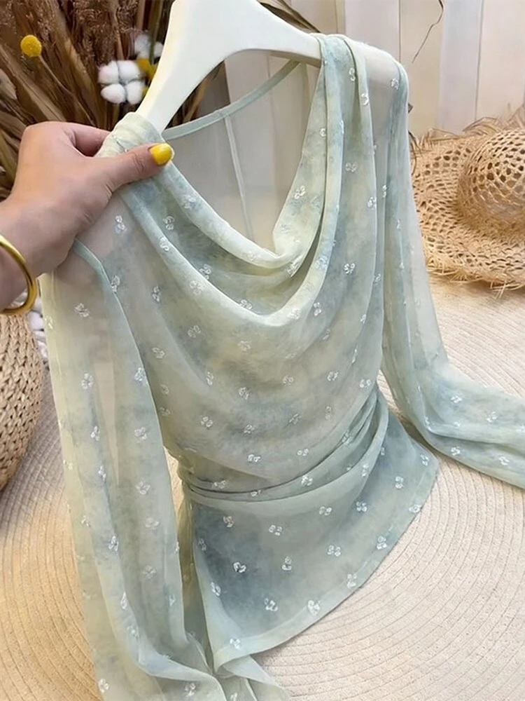 Classic Gentle Style Asymmetrical Long Sleeve Chiffon Shirt Women's Waist-Cinching Slimming Top Commute Style Universal Fit