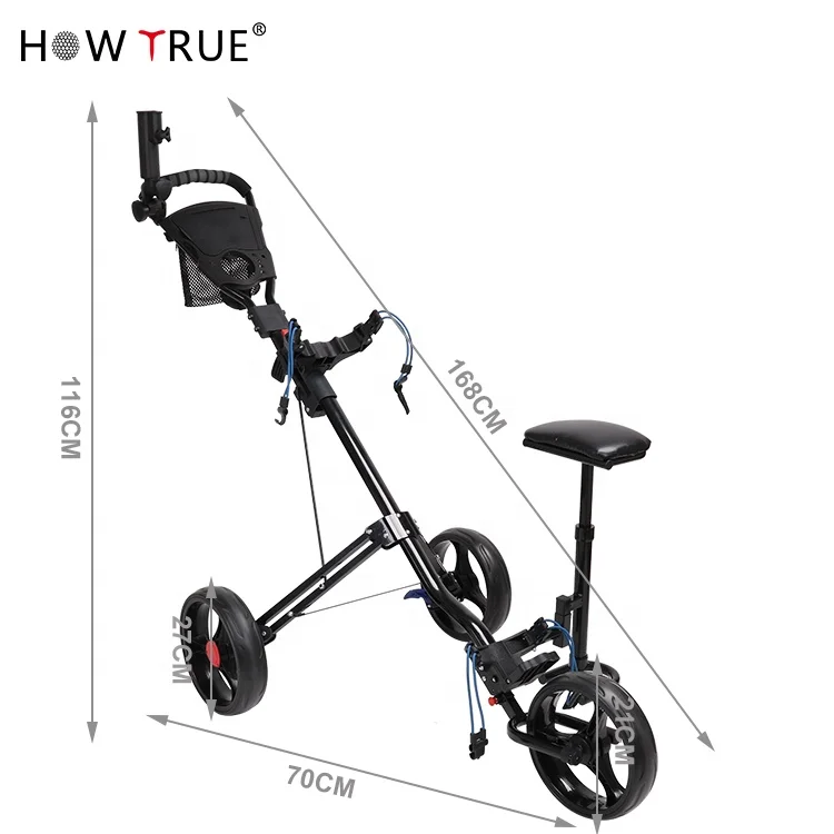 HOW TRUE Hot Sale One-Click Folding Aluminum Pull Golf Cart Lightweight 3 Wheel Golf Trolley With Foot Brake And Umbrella Holder