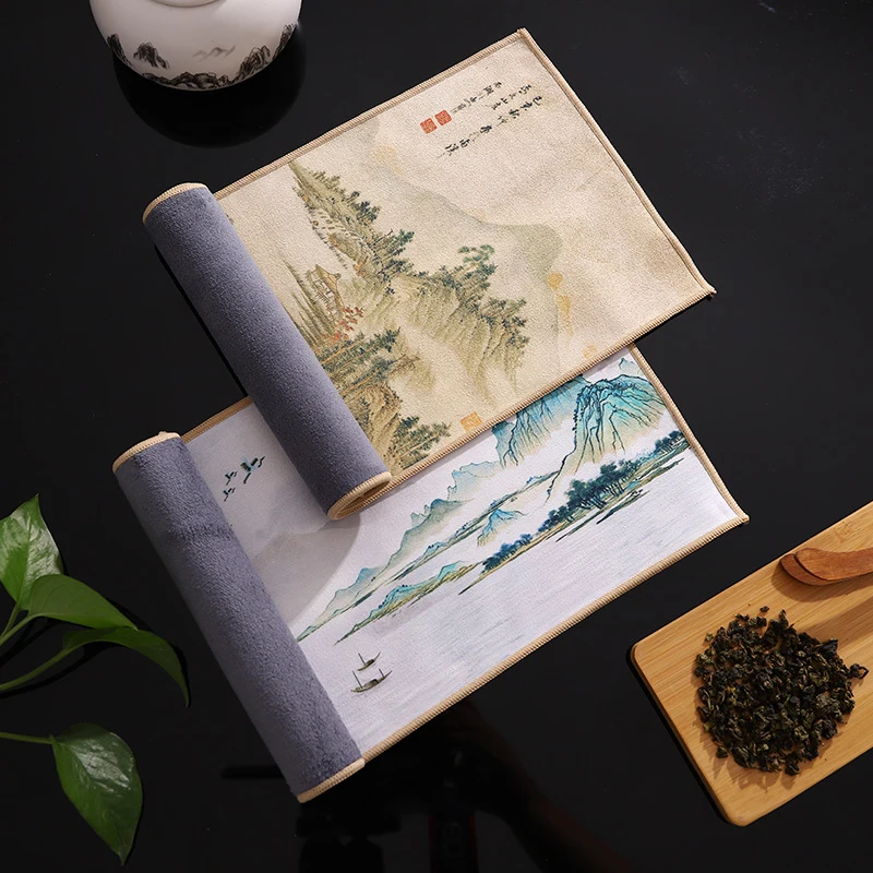 Chinese Painted Thicken Tea Towel Super Absorbent Rag Table Cleaning Tea Cloth Mats Bowl Teapot Tea Napkin Home Desktop Decor