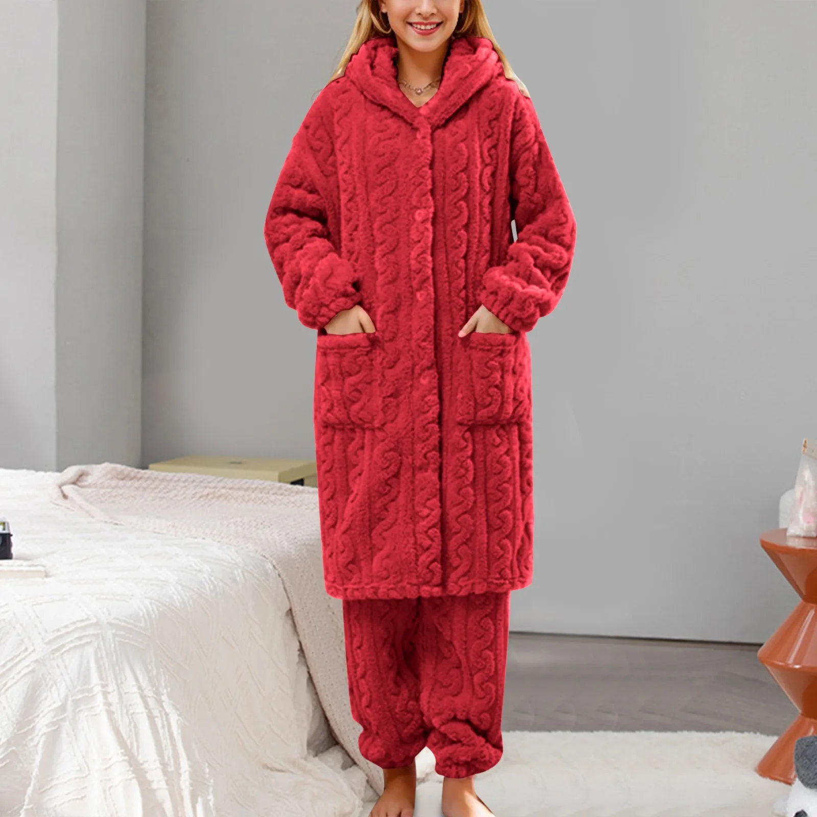 Womens Long Bathrobe And Pants Women Fuzzy Pajama Set Warm Fluffy Long Sleeve Sleepwear Plush Loungewear Thermal Two Piece Sets