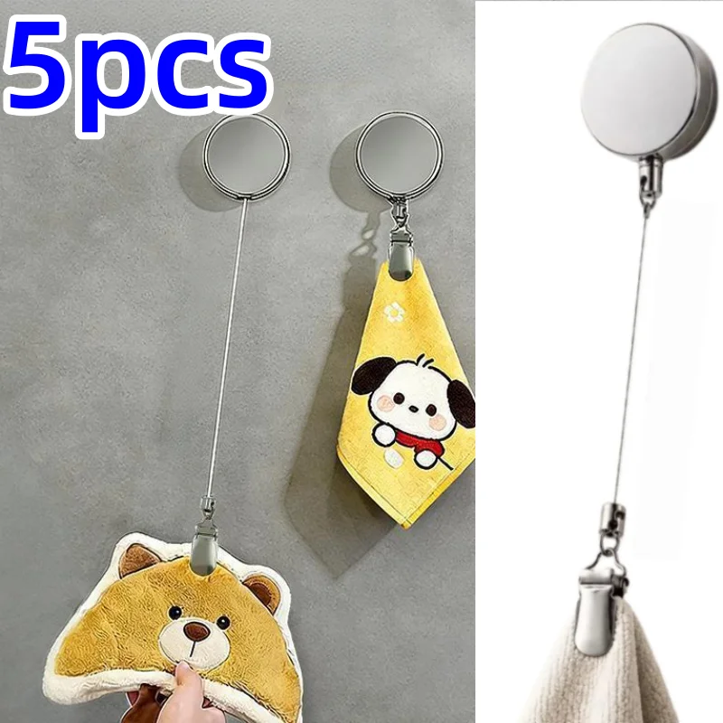 1/3/5pcs Automatic Retractable Towel Rack No Punching Self-Adhesive Wall Hanging Towel Holder Automatic Rebound with Strong Clip
