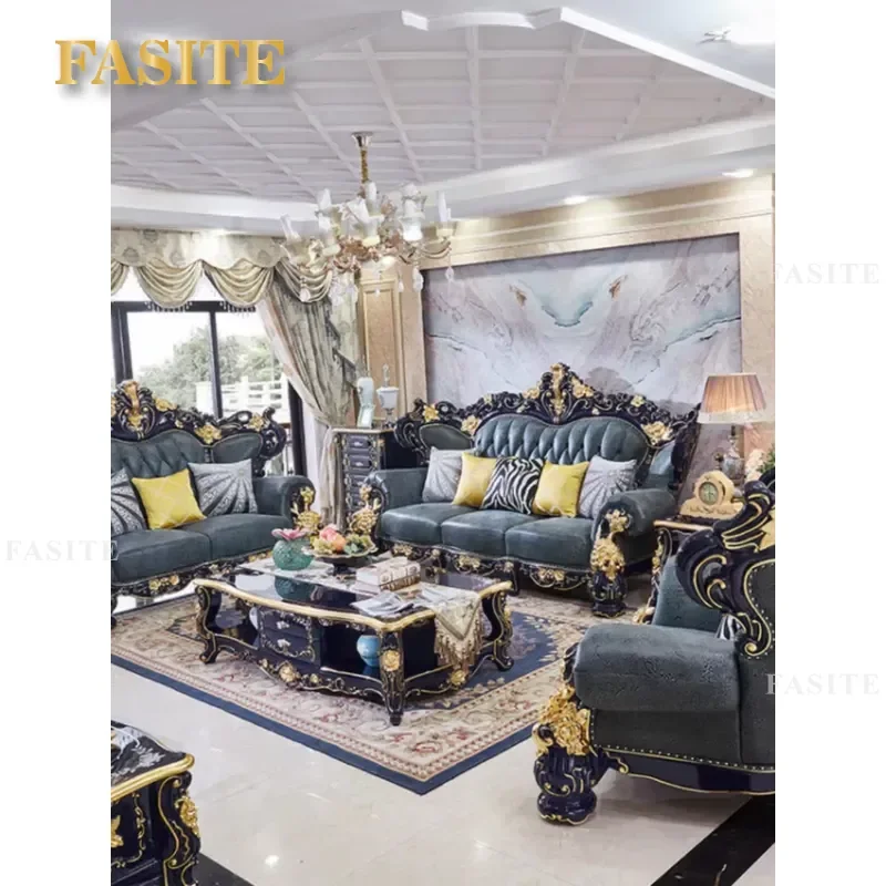 For European Leather L Shaped Combination Sofa Solid Wood Frame Fully Assembled Luxury Living Room Furniture Set A18