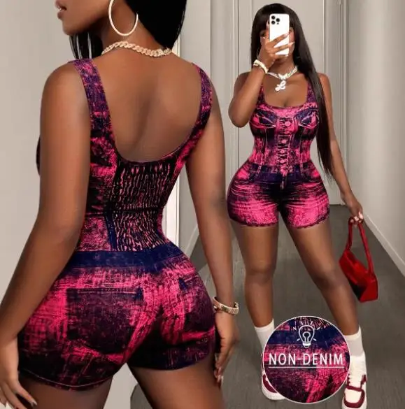 

Tailored Women's Jumpsuit Summer New Style with Faux Denim Print Fashionable and Trendy Square Neck Sleeveless Camisole Jumpsuit