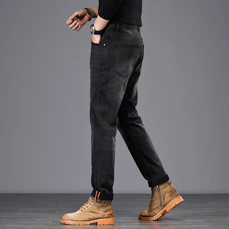 Premium Black Grey Mens Jeans Slim Straight Fit Stretch Business Casual Long Pants New Arrival for Spring Autumn