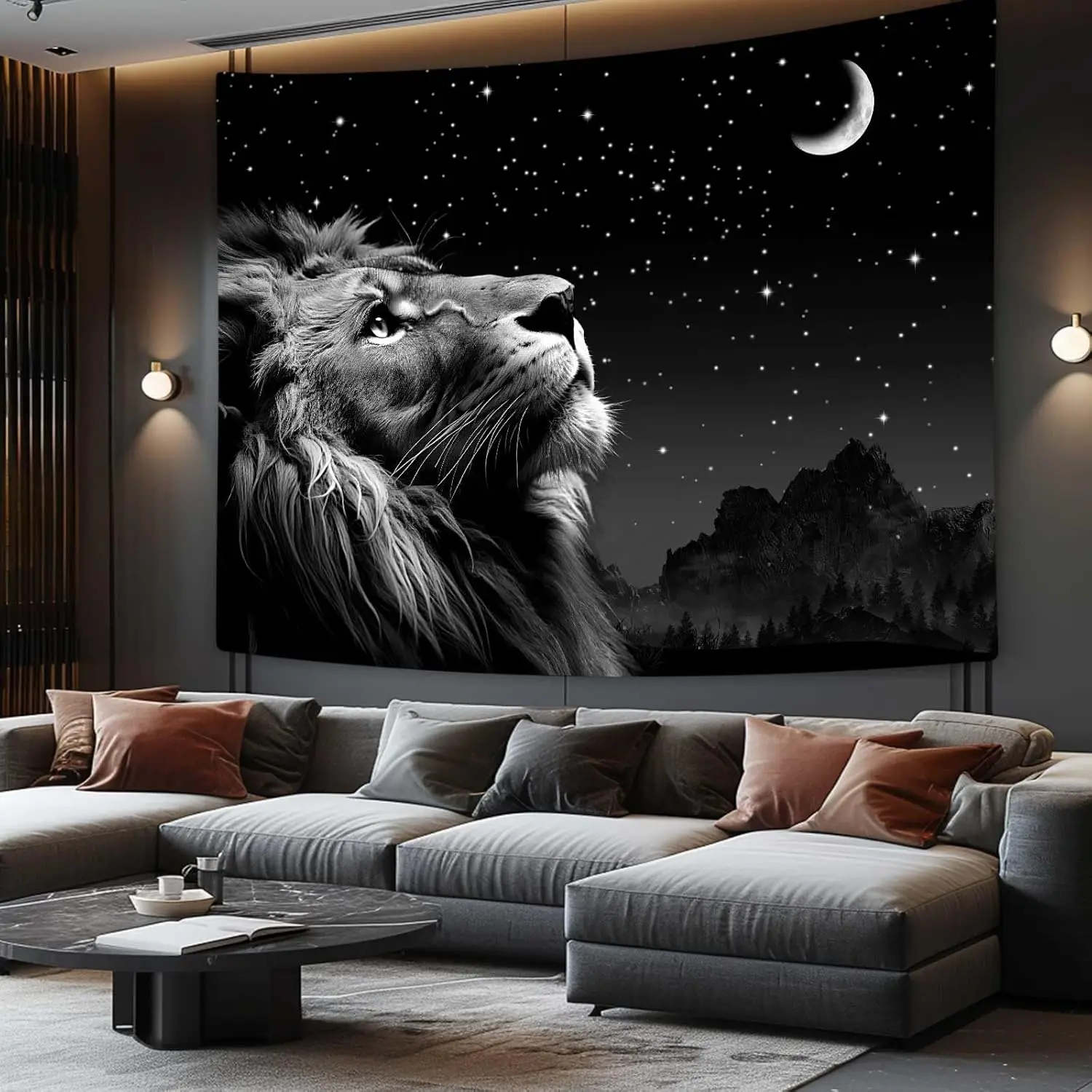 Boziqr Cool Lion Wall Hanging، لوحة فنية جدارية على شكل نجوم الفضاء والقمر للرجال، معلقة على الحائط باللون الأسود الجمالي لغرفة النوم وغرفة المعيشة والنوم Ro
