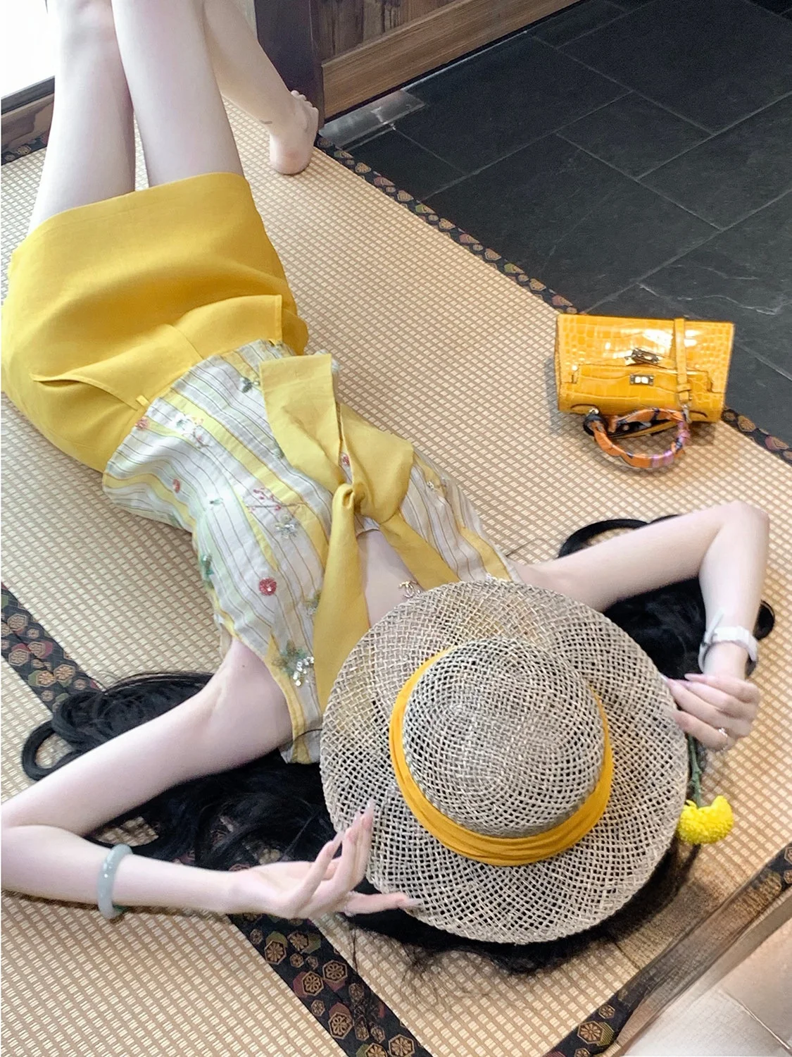 Syqiao Summer Yellow Linen Rayon High Waist A-Line  Skirt Women's High Waist Half Skirt Fashion Casual Style with Pocket