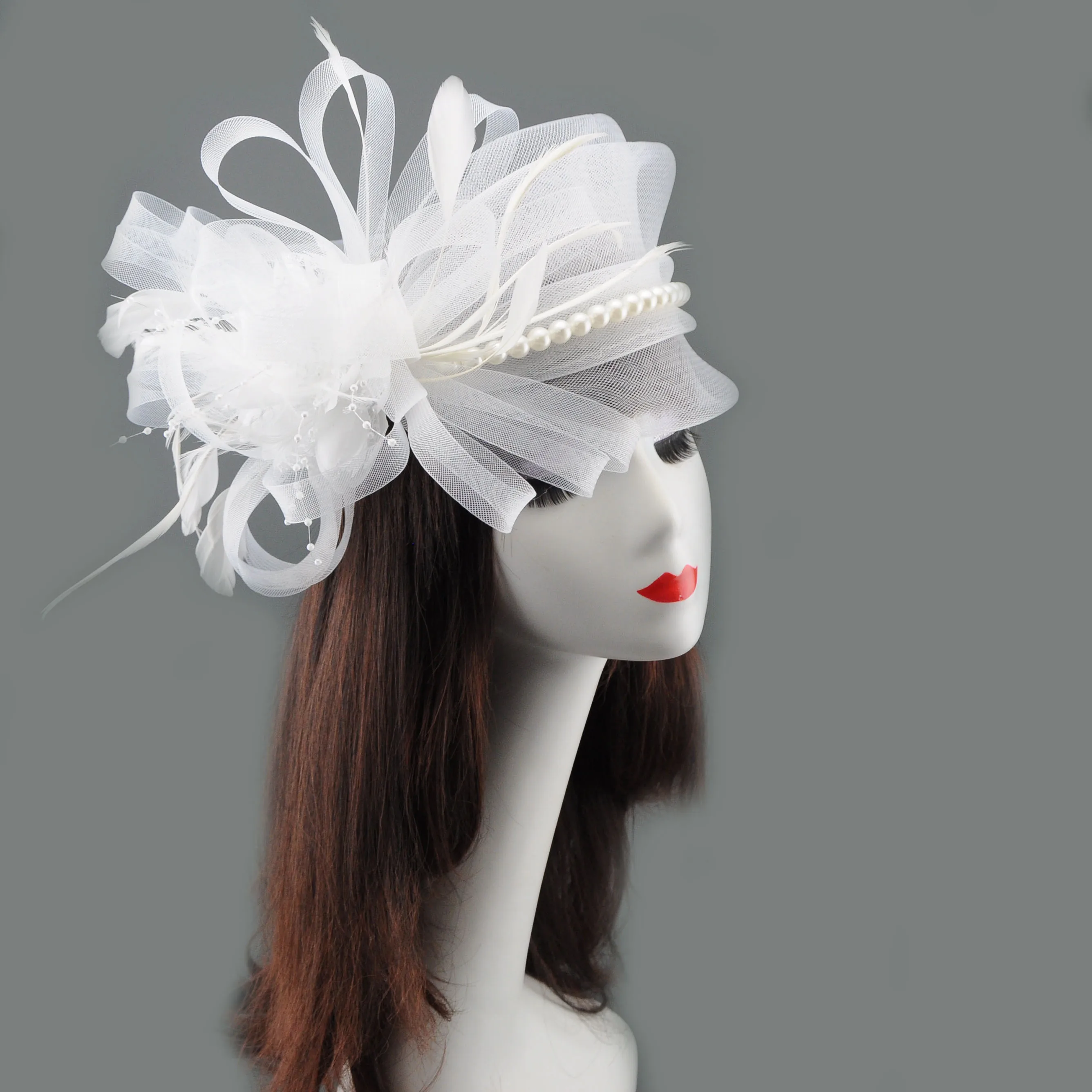 Women Royal Blue Mesh Feather Pearl Fascinator Hat, Elegant Ladies Cocktail Tea Party Wedding Derby Headwear Formal Dress Hair A view 3