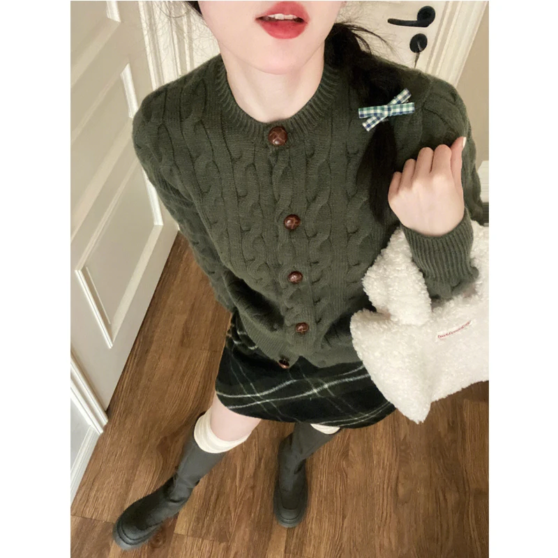 Korobov Dark Green Twist Cardigans Vintage Single-breasted Sweater O Neck Knitting Autumn Winter Clothes Women New In Thick Coat