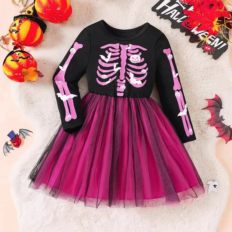 Girls Halloween Witch Dress Rainbow‑Skeleton‑Print Long‑Sleeve Mesh Costume Toddler Outfit for Witch‑Party Cosplay Theme Party