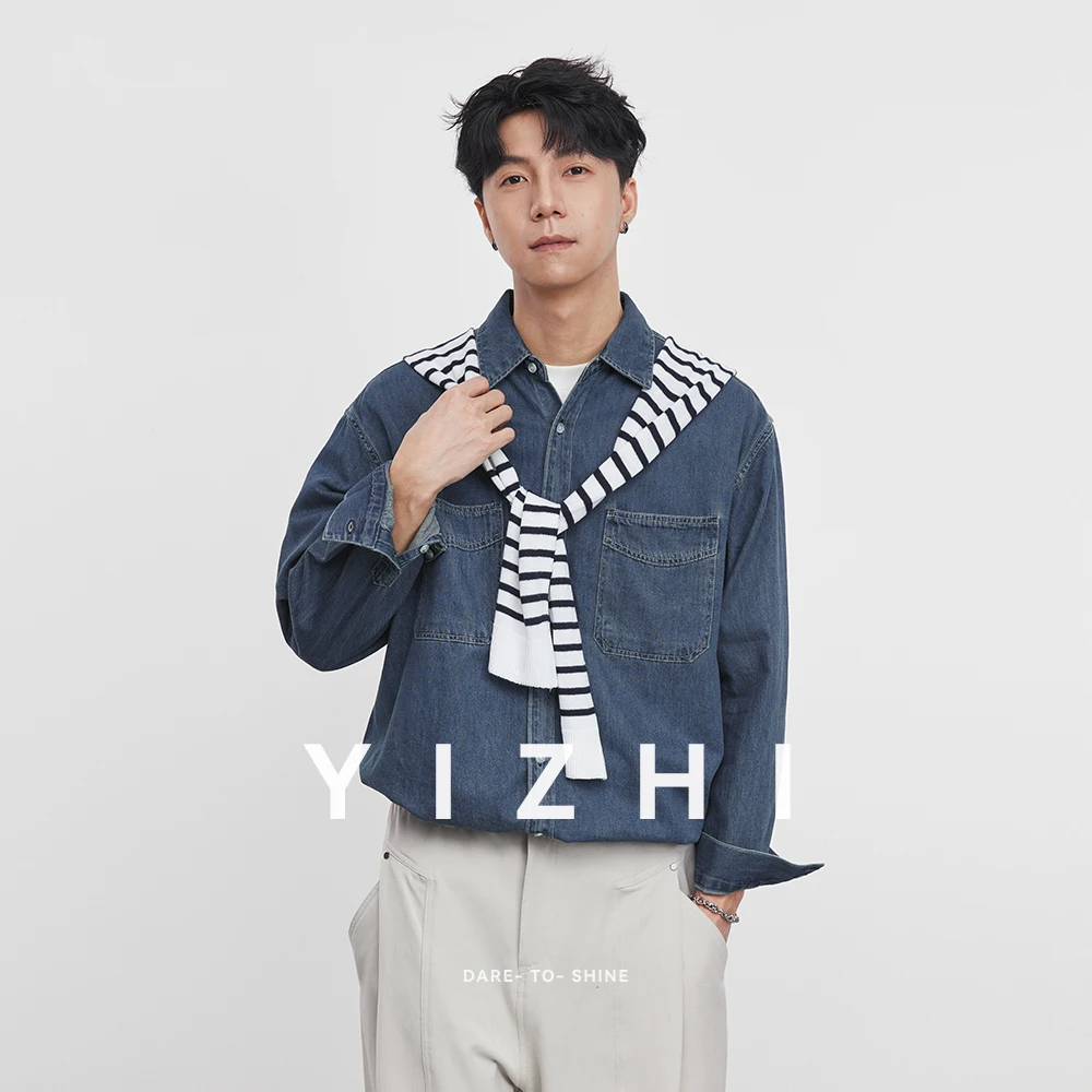 

2025 Autumn New Men's Washed Denim Shirt Fashion Loose Trend Long Sleeve Lapel Workwear Men's Shirt Tops