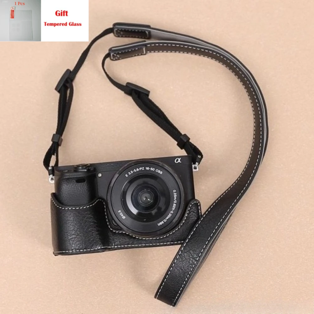 For Sony a6400 a6300 a6100 a6000 PU Leather Half Case with Hand Grip, Retro Protective Cover case, + 1 PCS Free Tempered Film