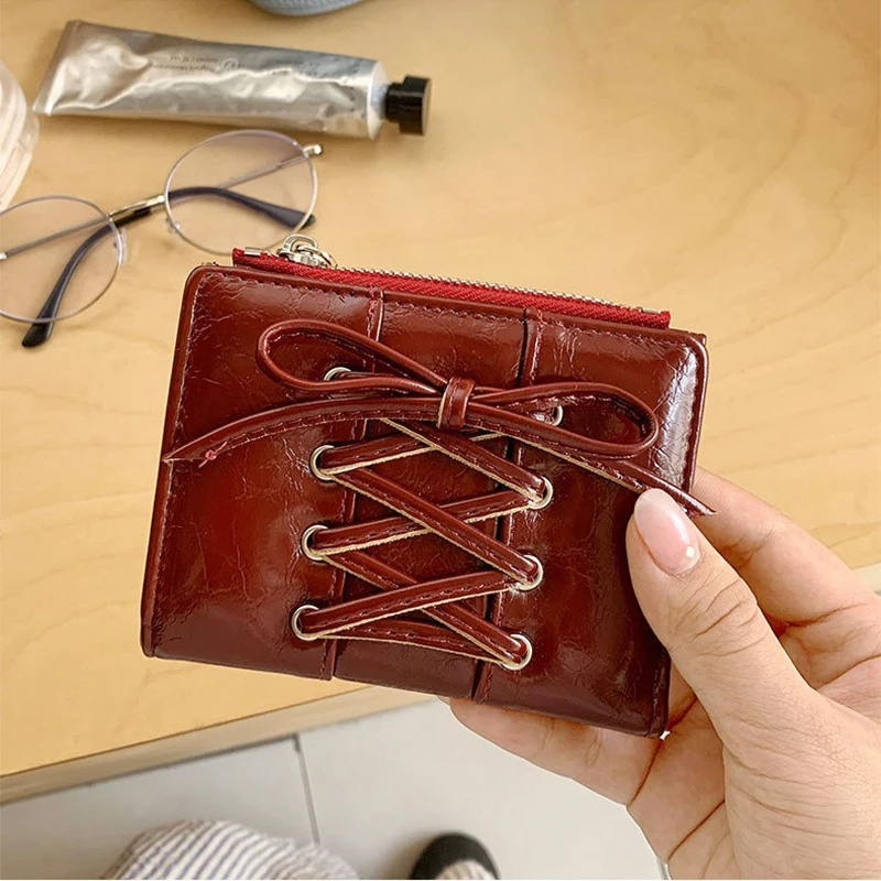 Women Travel Purse Ultra Thin Short Clutch Card Bag Simple Bow Wallet Korean Style Multi-function Zipper PU Leather Card Holder