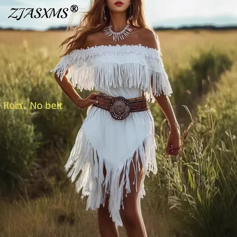 

Boho Vacation Lace Tassel Dress 2026 Spring Sexy Strapless Asymmetric Hem Party Dress Women Off Shoulder Hollow Mini Dress Mujer