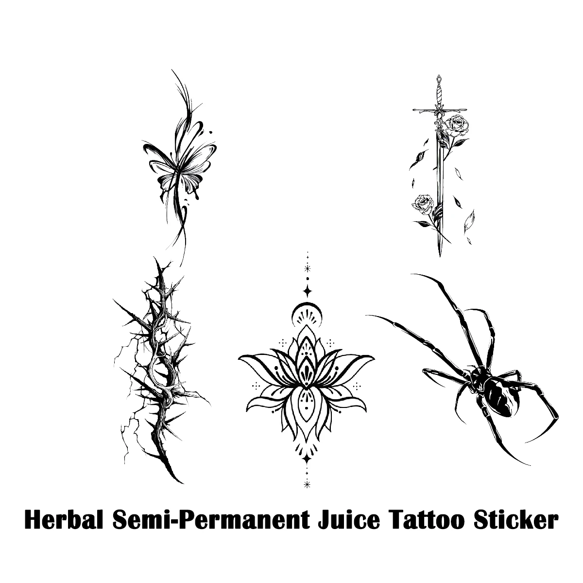 INKARTLINK 5PCS Lotus Dagger Thorn Spider Tattoo Set for Gothic Art Lovers, Spiritual Symbol Fans & Edgy Body Accents.