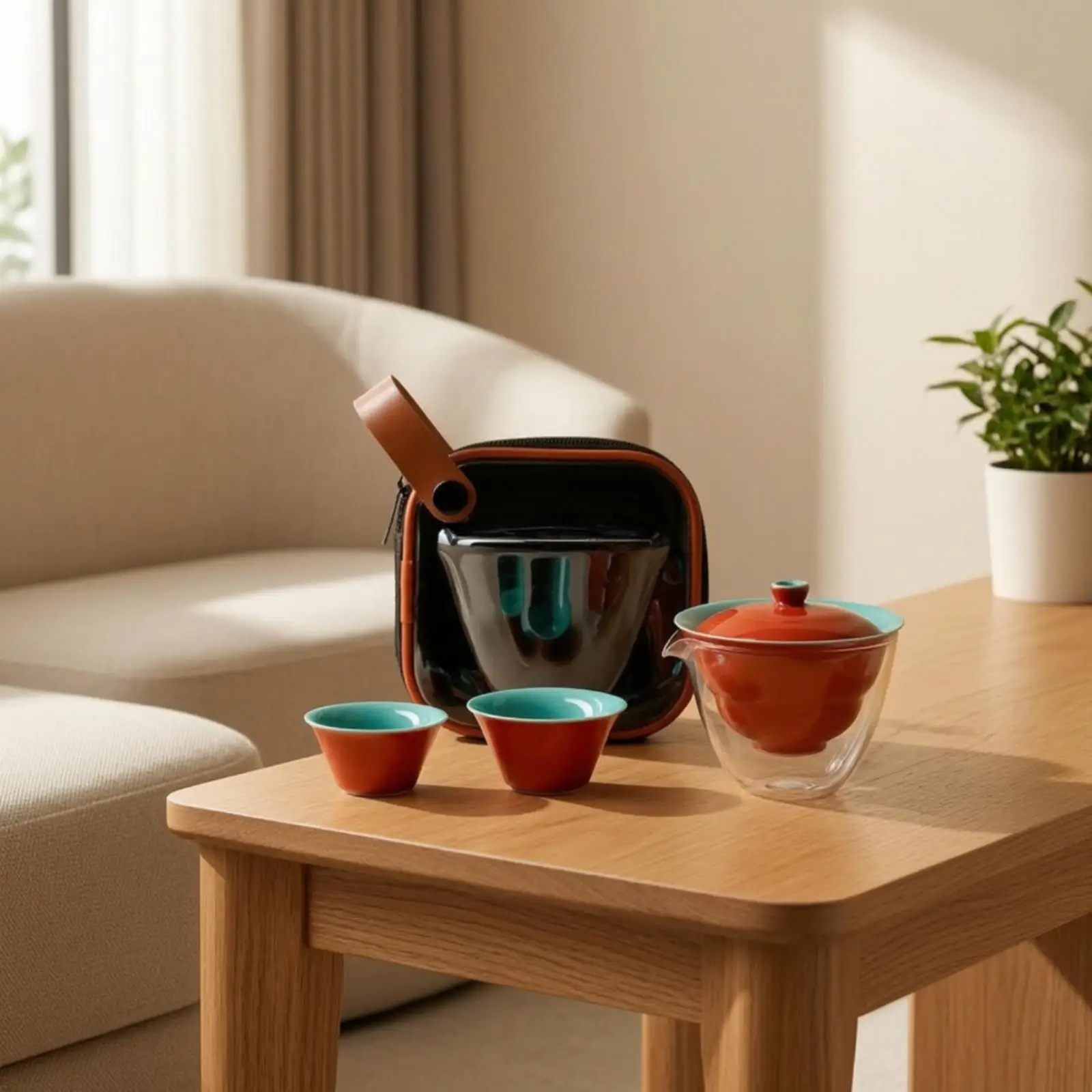 Portable Ceramic Tea Cup Lidded Set with Heat Resistant Glass Pitcher Classic Chinese Steeped Tea Maker for on the Go Use