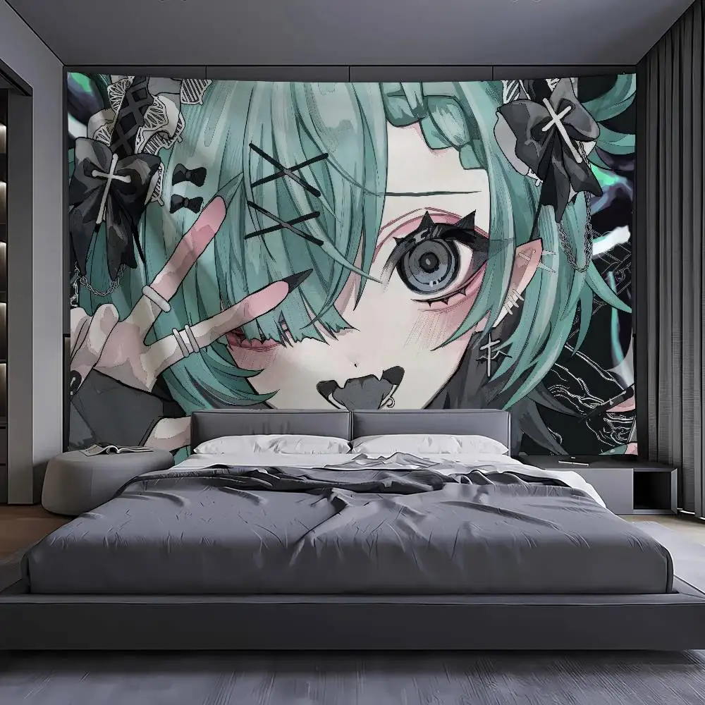 Y2K Gothic Anime Girl Tapestry Dark Harajuku Aesthetic Wall Hanging Edgy Pastel Green Hair Girl Art Bedroom Dorm Room Wall Decor
