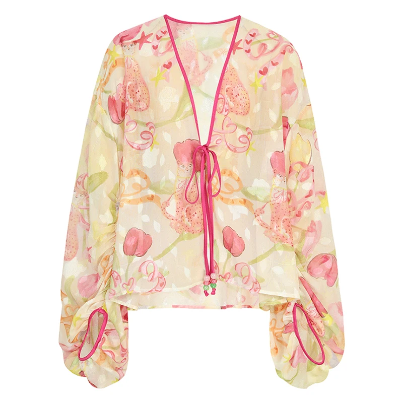 ELFSACK Floral Print Sheer Kimono Cardigan with Lantern Sleeves, Beaded Tie & Contrast Trim, Lightweight Chiffon Cover-Up view 6