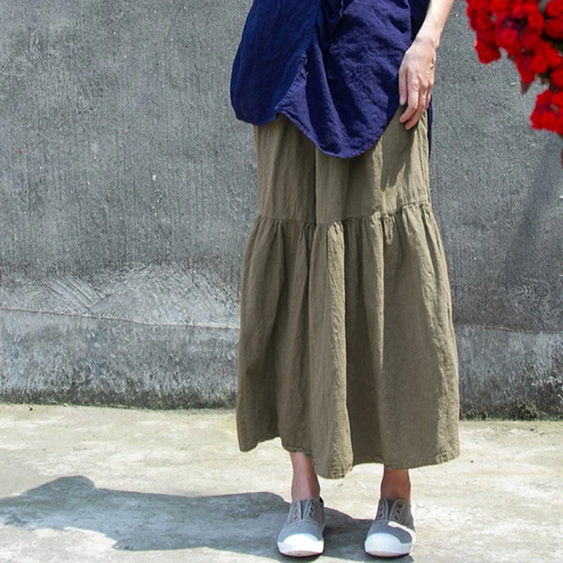 Women Cotton Linen Casual Skirt New Arrival 2025 Autumn Vintage Style Solid Color Loose Female Basics Long Skirts M2232