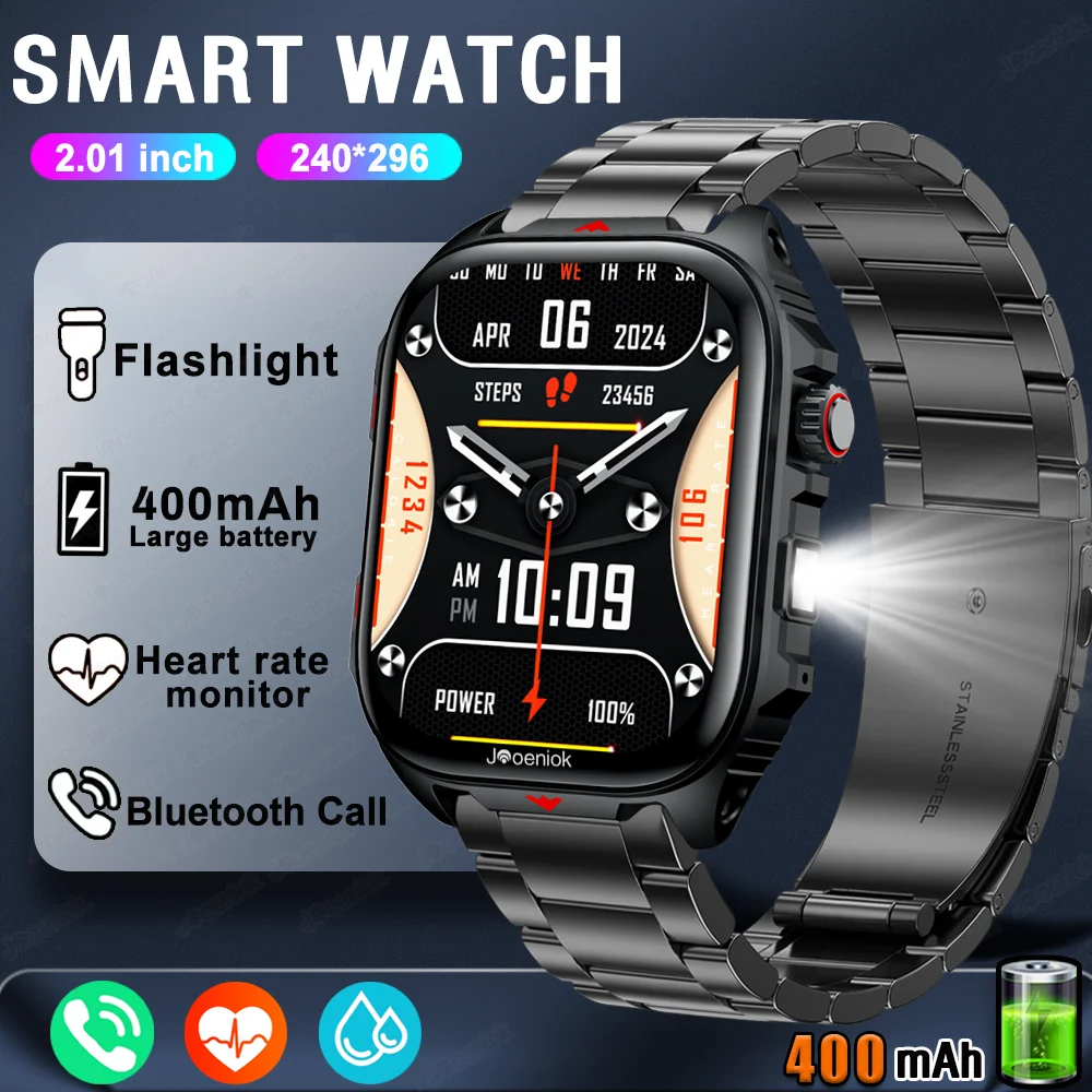 

New Outdoor Sport Smart Watch Men 2.0" HD Screen LED Flashlight 400mAh Large Battery Heart Rate Waterproof BT Call Smartwatch