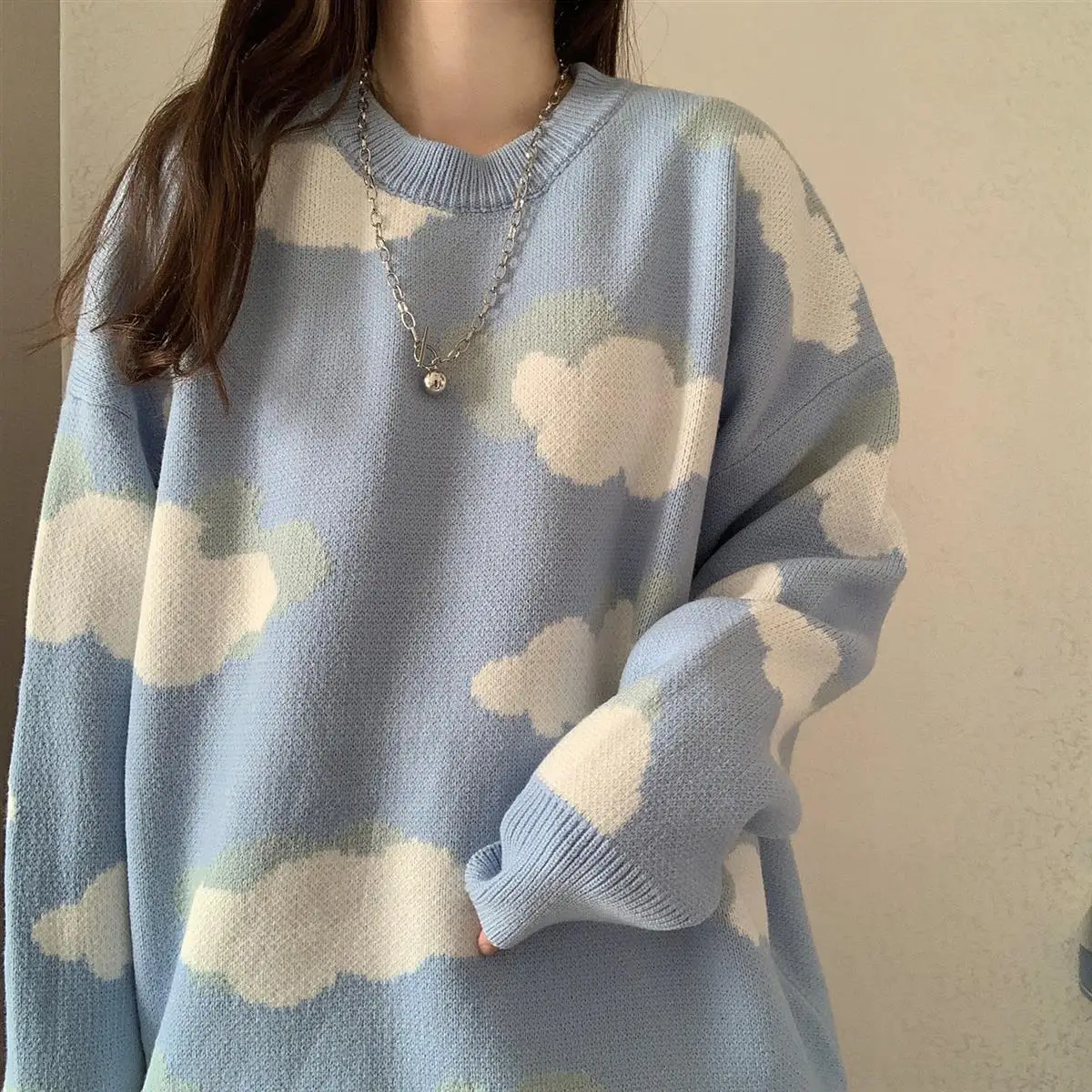 Sweater Women Korean Fashion Clouds Print Chic Sweet Simple Soft Loose Autumn Spring Pullover O-Neck Knitwear Sweaters