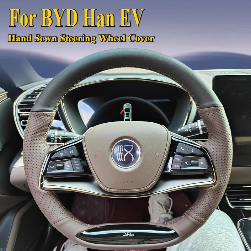 

DIY Hand Sewn Anti Slip Breathable Leather Steering Wheel Cover Wrap For BYD Han EV Car Interior Accessories
