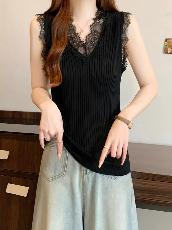 เสื้อคลุมผู้หญิงไซส์ใหญ่สำหรับฤดูร้อน ผ้าลูกไม้ปะติด แต่งขอบเสื้อแบบถัก คอวี ช่วยปกปิดหน้าท้อง สไตล์ลำลองแฟชั่น