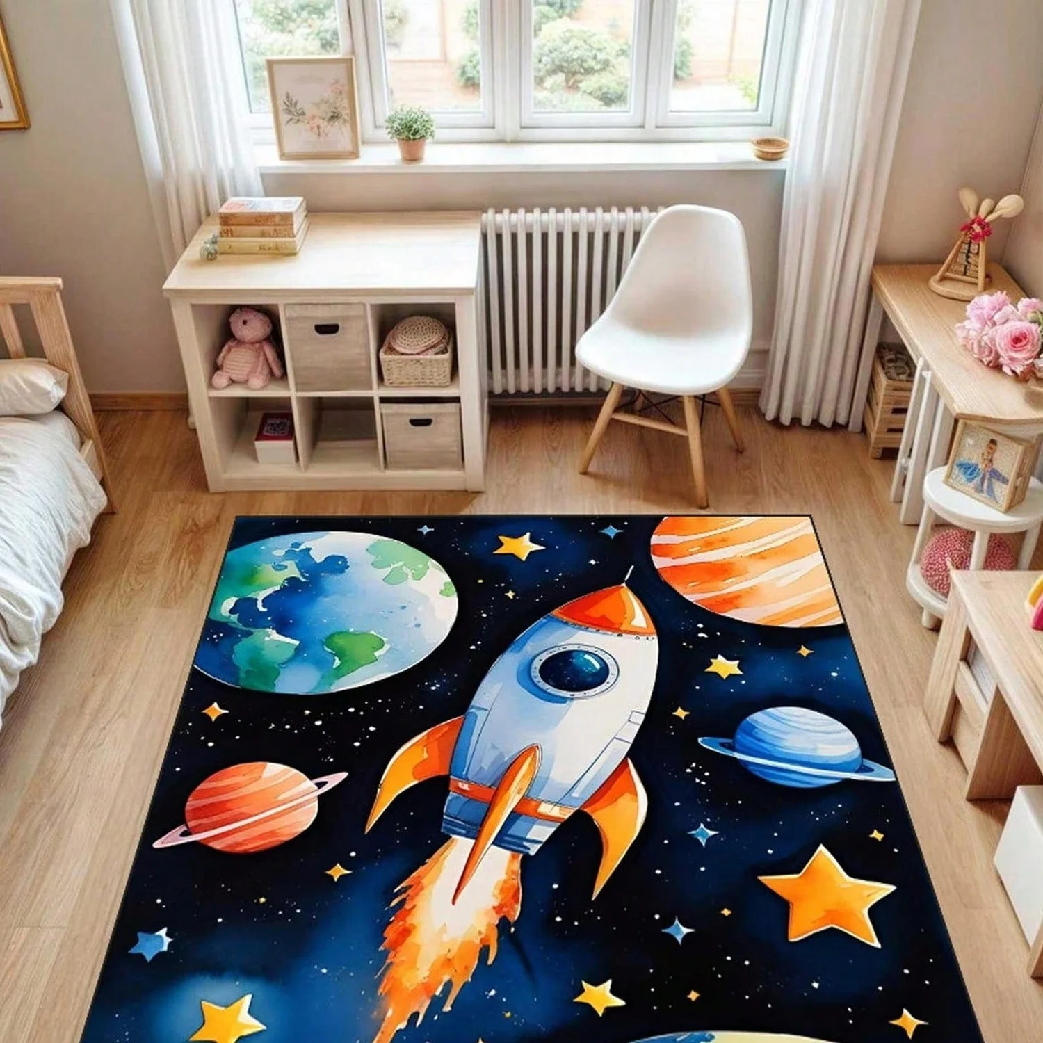 Carpet Space Area Rug, Galaxy Planets Baby Room Rug, Outer Space Theme.