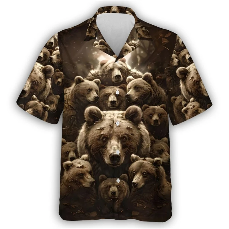 Blusa animal urso vintage masculina, camisa havaiana fofa, impressão 3D, manga curta, streetwear de harajuku, blusa social casual masculina