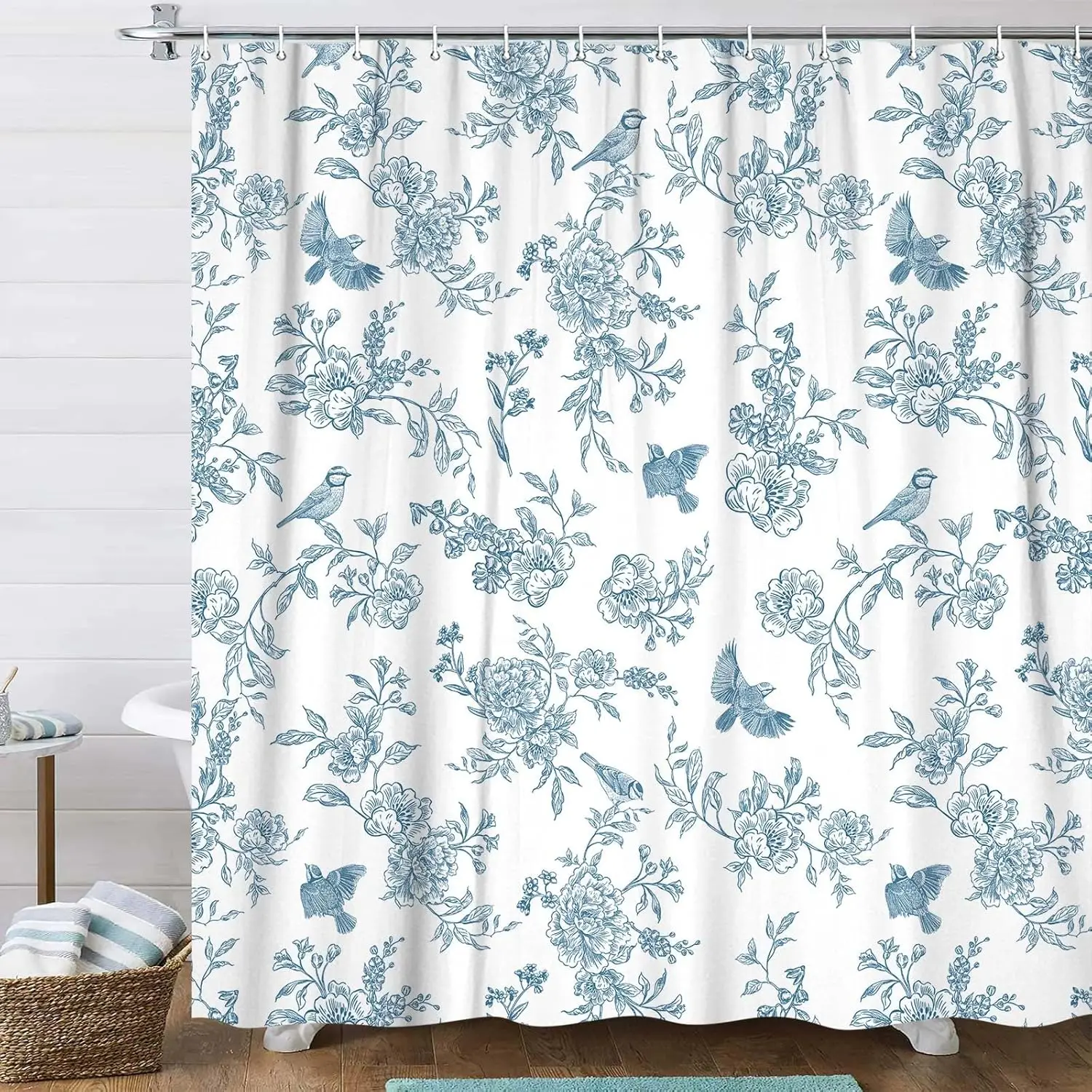 

Blue Floral Shower Curtain Set, Vintage Retro Cottagecore Floral Botanical Birds Blossom Flower Boho Aesthetic Fabric Shower
