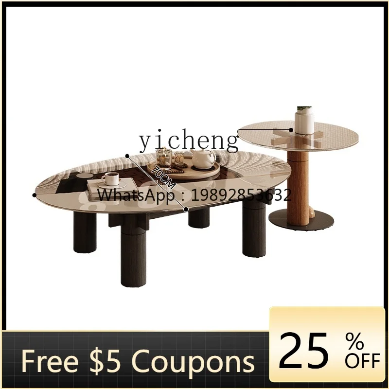 

ZTqh Yayu Mid-Ancient Style Size round Tea Table Living Room Home Log Style Tempered Glass New Designer High Sense