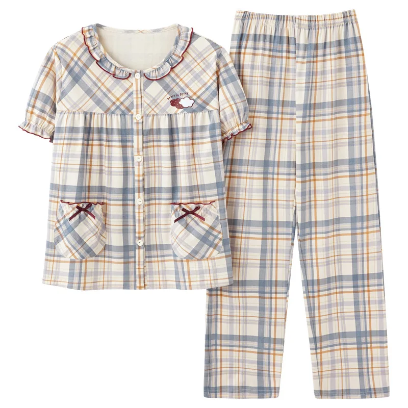 M-3XL pigiama da donna Set Plaid di grandi dimensioni primavera estate pigiameria pigiama da notte femminile cotone abbigliamento da casa vestiti da notte