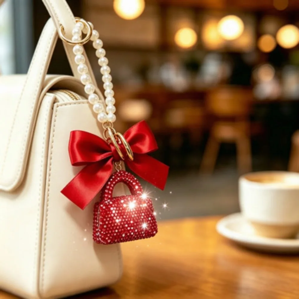 Red Bow Pearl Purse Charm Rhinestone Mini Handbag Keychain Satin Ribbon Crystal Pendant Strap For Women Bags Car Key Decoration