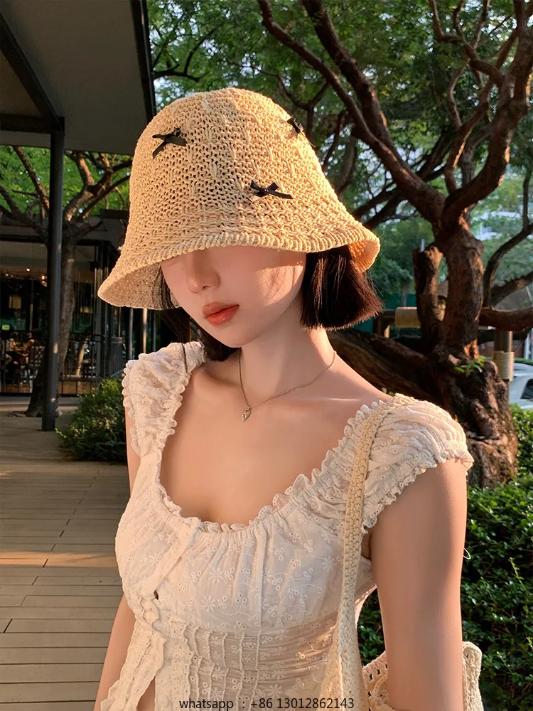 

Sweet bow hand woven bucket hat hollow breathable sunshade UV proof basin hat