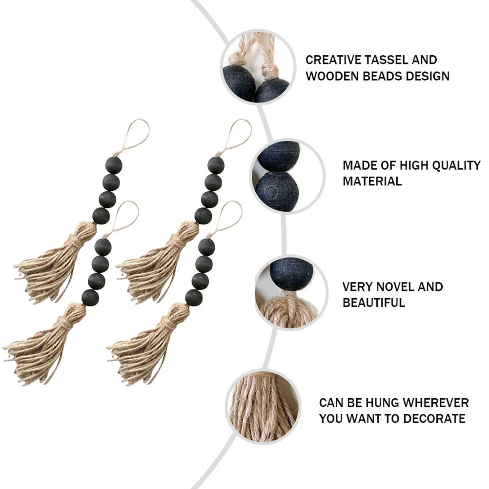 

4 pcs Wooden Beads Wall Hanging Decor Rustic Rope Tassels Home Adornment Indoor Ornaments Wood Craft For Living Room Office Shop
