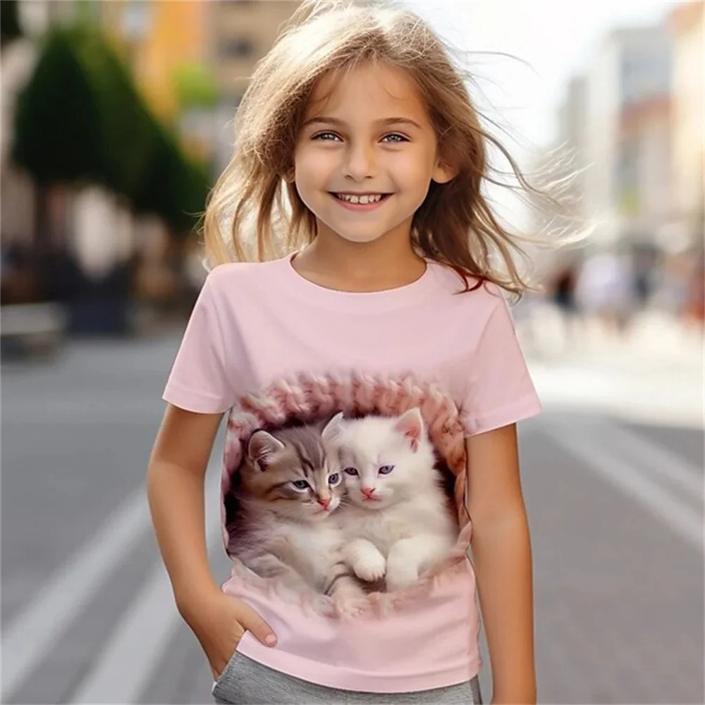 2025 Nuovo Divertente Animale Gatto 3d Stampa T-shirt da ragazza Festival Party Moda Top a maniche corte T-shirt casual Abbigliamento per ragazze