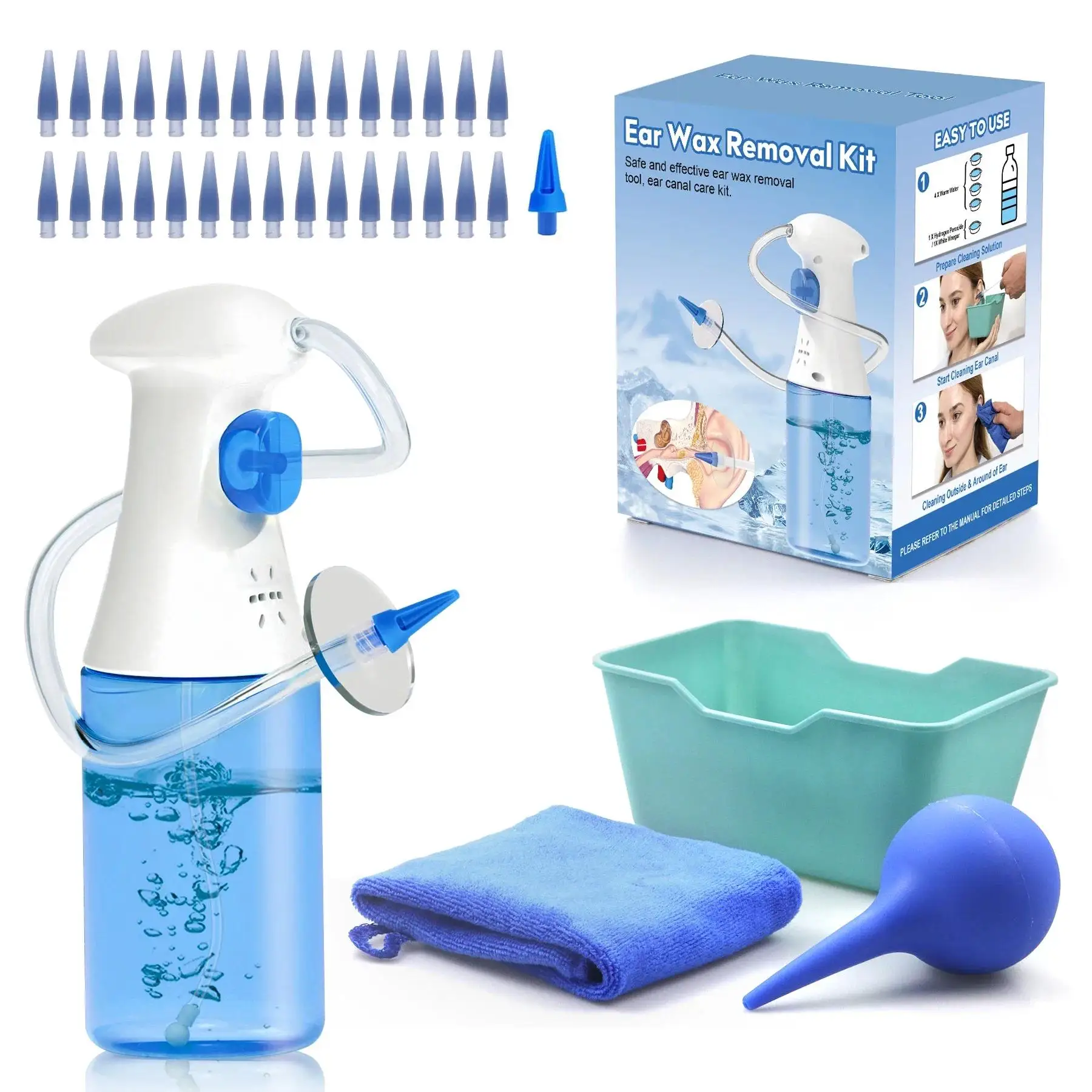 Ear Wax Removal Manual Ear Cleaner Kit - 30 Soft Disposable Tips, Safe Flushing System Earwax Removal Kit Ear Cleaning Kit