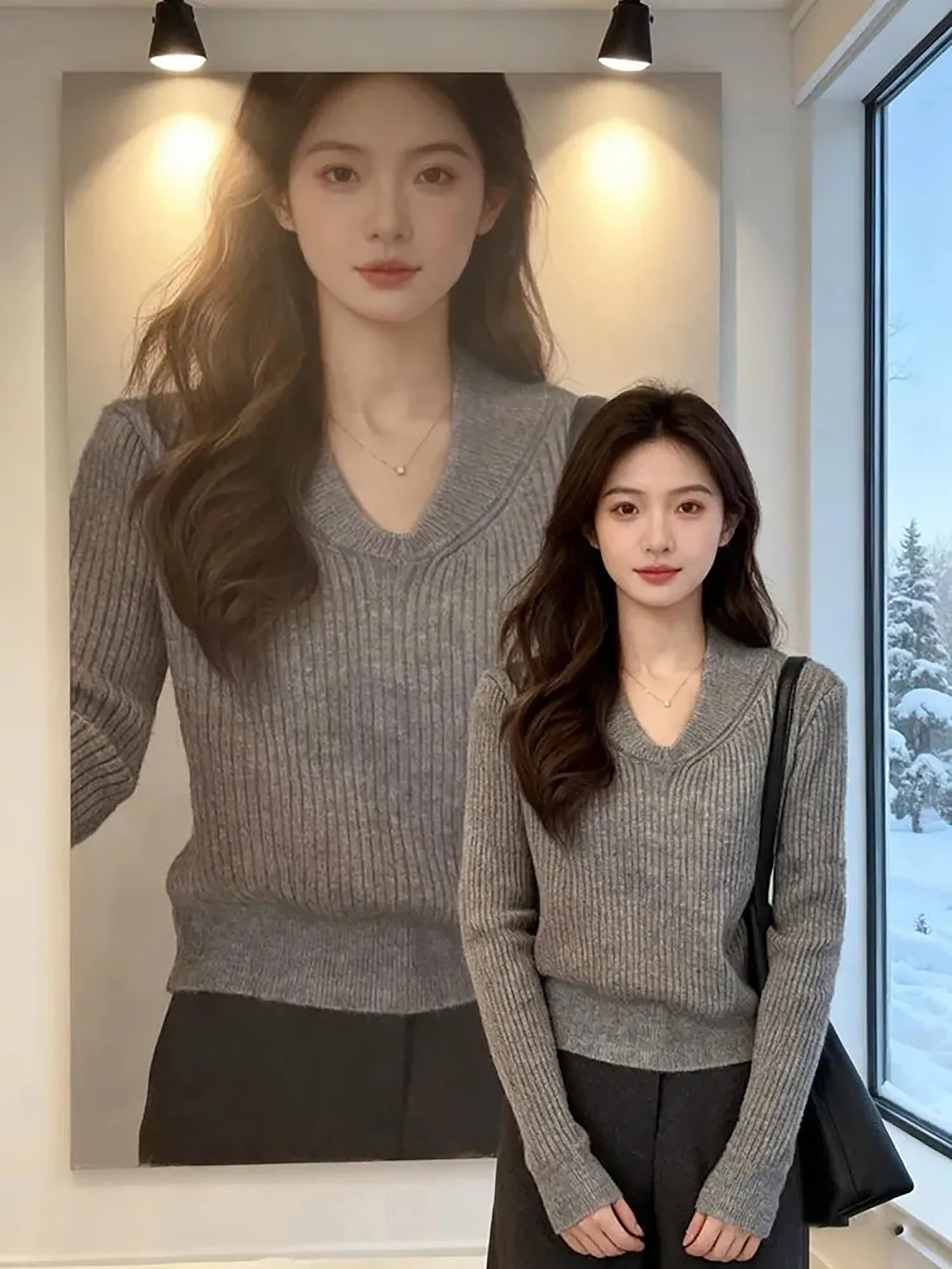 ey Suéter de punto Mujer Sle Soft e Personali Commute V-ne Long Sve Pure Color Winter Faion Online Excl...